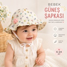 Miniboncuk Kız Bebek Çiçek Desenli Güneş Şapkası Bağcıklı Yazlık Geniş Siperlikli 6-24 Ay