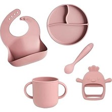 Mey İthalat Meleni Baby 5'li Set Silikon Mama Önlüğü Kulplu Bardak Vakumlu Tabak Mama Kaşığı ve Bebek Diş Kaşıyıcı Pembe