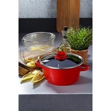 Bonera Emaye Kızartma Tenceresi 22 cm Kırmızı - 3 Parça - İndüksiyon Uyumlu - Cam Kapaklı