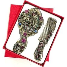 Mey İthalat Vintage Metal Ayna ve Tarak Seti, Antik Bronz, Çiçek Desenli, Renkli Taşlı, El Aynası ve Saç Tarağı, 13 cm