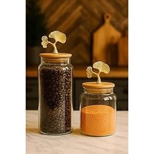 Mey İthalat 2’li Altın Metal Ginkgo Figürlü Bambu Kapaklı Cam Kavanoz – Saklama Kabı 1400ML + 890 ml