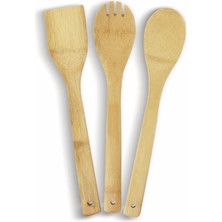 Mey İthalat Pişirme Kaşığı Bambu 3 Parça Spatula Ahşap Çatal, Mutfak Yardımcısı 30 cm