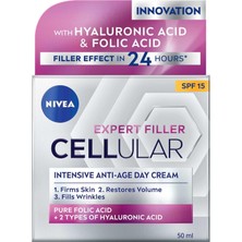 Mey İthalat Nıvea Cellular Expert Filler Yoğun Yaşlanma Karşıtı Gündüz Bakım Yüz Kremi 50 Ml, Hyaluronik Asit ve Folik Asit, SPF15 Güneş Koruması
