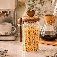Mey İthalat Akasya Kapaklı Cam Kavanoz 760 ml Kaşıklı | Hava Geçirmez Baharatlık Çay Kahve Şeker Saklama Kabı