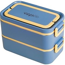 Mey İthalat Vagonlife Bento 2000ML Lunchbox 2 Katlı 3 Bölmeli Mini Kaseli Çelik Sefer Tası Yemek Kutusu (Lacivert-Sarı)