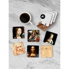 Mey İthalat Postermanya (PSTER21250) Da Vinci Temalı Standlı Ahşap Bardak Altlığı Seti, 6 Adet Baskılı Bardak Fincan Kahve Altlığı