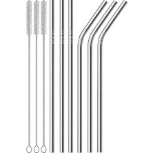 Mey İthalat 6’lı Metal Pipet Seti, Temizleme Fırçalı Düz ve Kavisli Tekrar Kullanılabilir Pipet, Smoothie Milkshake Kokteyl ve Soğuk Içecekler Için Modern Metal Pipet