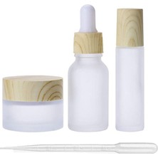 Mey İthalat Mollensiuer 3 Adet Boş Saydam Buzlu Cam Kozmetik Kapları Ahşap Tahıl Kapağı, 1 30ML Yuvarlak Kavanoz+1 20ML Göz Damlalık Şişeler+1 10ML Rulo Şişe Uçucu Yağ Aromaterapi Parfüm Cilt Bakımı Sıvı