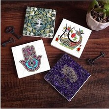 Mey İthalat Hayat Ağacı, Fatma Ana Eli (Hamsa), Şahmeran Taş Bardak Altlığı Seti - 4 Parça - Dekoratif, Rustik Mutfak Aksesuarı, 10X10 Cm, Kaydırmaz Tabanlı, Şık ve Dayanıklı SC489