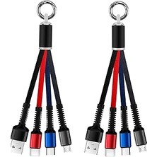 Mey İthalat Busstier 3 In 1 Işıklı Anahtarlık Şarj Kablosu, Usb-A Girişli Micro Usb, Type-C ve iPhone Uyumlu Taşınabilir Kablo, Powerbank ve Araç Şarjı Için Kompakt Acil Durum Şarj Aparatı