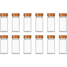 Mey İthalat Bambu Kapaklı Cam Baharatlık Seti 12 Adet, Şeffaf Kare Baharat Kavanozu, Plastik Delikli Iç Kapaklı Kontrollü Döküm Sistemi, 11X4X4 cm Mutfak Düzenleyici Baharat Saklama Kabı Seti