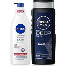 Mey İthalat Nivea Men Erkek Deep Dimension Duş Jeli 500ML ve Repair&care Nemlendirici Vücut Losyonu 400ML, Kuru Cilt