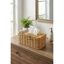 Mey İthalat Buffer Bölmeli Kapaklı Doğal Rattan Görünümlü Hasır Organizer Sepet, Peçetelik, Makyaj ve Takı Düzenleyici, Plastik, 24X10X10 cm