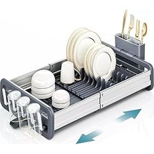 Mey İthalat Mallart® Ayarlanabilir Alüminyum Bulaşıklık - Paslanmaz Tezgah Üstü Kurutmalık, Uzatılabilir Fonksiyonel Mutfak Düzenleyici, Tahliye Kanallı Tabaklık ve Bardaklık (Gümüş/gri)