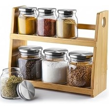 Mey İthalat Deconox 8 Parça Borosilikat Cam Baharatlık Seti (700 Ml) - Paslanmaz Çelik Kapaklı ve Bambu Kapak Sçenekli 2 Katlı Bambu Standlı Tezgah Üstü Erzak Kabı ve Mutfak Düzenleyici Organizer (Bambu Kapak)