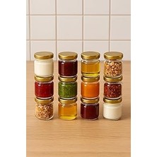 Mey İthalat 12 Adet 40 ml Gold Metal Kapaklı Şeffaf Numune Mama Ek Gıda Şekerleme Reçellik Küçük Cam Kavanoz