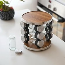 Mey İthalat Deconox 12 Parça Döner Mekanizmalı Paslanmaz Çelik ve Ahşap Desen Standlı Cam Baharatlık Seti - 360° Yuvarlak Dönebilen Süzgeç Kapaklı Şeffaf Cam Şişeli Tezgah Üstü Baharat Takımı