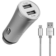 Mey İthalat Hytech HY-X62 3.4A Hızlı Şarj Micro USB Kablolu 2 USB Metal Araç Şarj Cihazı, Gümüş