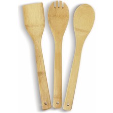 1001 Kaşığı Bambu 3 Parça Spatula Ahşap Çatal, Mutfak Yardımcısı 30 cm