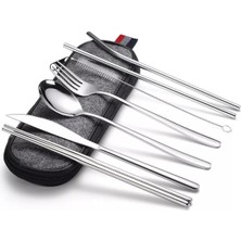 1001 8 Parça Çantalı Yolculuk Çatal Bıçak Kaşık Pipet Chopstick Seti Kamp Okul Ofis Tatil Paslanm