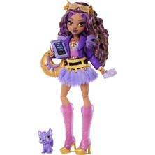 1001 Mor Motosiklet Ceketi ve Tüylü Etek Giyen High Clawdeen Wolf Bebek, Kurt Crescent ve Kitap, Kruvas