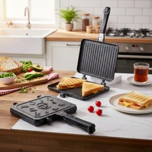 1001 Çift Taraflı Ocak Üstü Döküm Tost Makinesi, Granit Efektli Yanmaz Yapışmaz Sandviç ve Tost