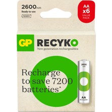 1001 Batteries Recyko 2600MAH Aa Kalem Ni-Mh Şarjlı Pil, 1.2 Volt, 6'lı Kart