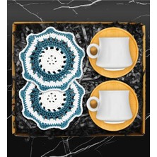 Empressco Ikili Bambu Tabaklı Porselen Fincan Takımı & Handmade Ikili Makrome Bardak Altlığı