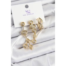 Northcity Pirinç Zirkon Taşlı Geometrik Model Gold Renk 3'lü Kadın Küpe