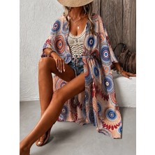 Defy Moda Kadın Kısa Kollu Önü Açık Belden Kuşaklı Uzun Kimono