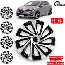YONGA OTO AKSESUAR Renault Megane 16 İnç Jant Kapağı 4'lü Set Siyah Gümüş + 4 Amblem + 8 Cırt Kelepçe