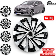 YONGA OTO AKSESUAR Renault Megane 14 İnç Jant Kapağı 4'lü Set Siyah Gümüş + 4 Amblem + 8 Cırt Kelepçe