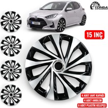 YONGA OTO AKSESUAR Toyota Yaris 15 İnç Jant Kapağı 4'lü Set Siyah Gümüş + 4 Amblem + 8 Cırt Kelepçe