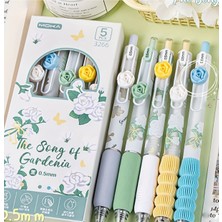 ÖZ OFİS Kawaii 5'li Moka The Song Of Gardenia Çiçek Temalı Jel Kalem Seti - 0.5 mm Ergonomik Tutuşlu Basmalı Kale