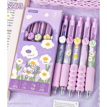 ÖZ OFİS Kawaii 5'li Moka Daisy Whisper Papatya Temalı Mor Jel Kalem Seti - 0.5 mm Ergonomik Tutuşlu Basmalı Kalem
