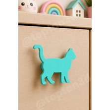 Toptan3D (6x4 Cm) Turkuaz Kedi Dolap Kulpu - Modern Çocuk, Bebek Odası Mobilya Kulpu (Kulp Vidası Dahildir)