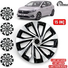 Yonga Oto Aksesuar Dacia Sandero Stepway 15 Inç Jant Kapağı 4'lü Set Gümüş Siyah + 4 Amblem