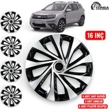 YONGA OTO AKSESUAR Dacia Duster 16 Inç Jant Kapağı 4'lü Set Siyah Gümüş + 4 Amblem