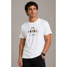 Erkek Müzik Temalı Baskılı Tişört Bisiklet Yaka Kısa Kol T-Shirt - Beyaz