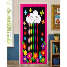 Promisebackdrop2 190X75CM Lastikli Kapı Süsü, Kumaş Kapı Giydirme, Renkli Çiçekler ve Bulut Temalı, Sınıf Kapısı, Okul Etkinlik Kapı Süsü