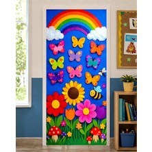 Promisebackdrop2 190X75CM Lastikli Kapı Süsü, Kumaş Kapı Giydirme, Renkli Çiçek ve Kelebek Temalı, Sınıf Kapısı, Okul Etkinlik Kapı Süsü