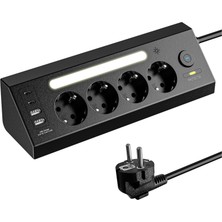 Astreon Akım Korumalı Çoklu Priz, 2 Adet USB 2 Adet Type-C Girişi, 4 Adet Priz Girişi, Hızlı Telefon Şarjı, Masa Üstü ve Gece Lambası Olarak Kullanım, 2 Metre Kablo Uzunluğu, LED Işıklı Şarj Istasyonu
