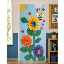 Promisebackdrop2 190X75CM Lastikli Kapı Süsü, Kumaş Kapı Giydirme, Renkli Çiçekler ve Bal Arısı Temalı, Sınıf Kapısı, Okul Etkinlik Kapı Süsü