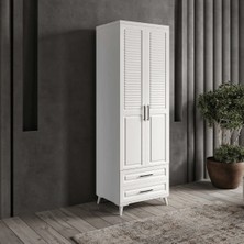 Macera Mobilya  Sanat 2 Kapaklı Çekmeceli Komple Mdf Beyaz Gardırop