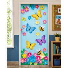 Promisebackdrop2 190X75CM Lastikli Kapı Süsü, Kumaş Kapı Giydirme, Renkli Kelebek ve Arı Temalı, Sınıf Kapısı, Okul Etkinlik Kapı Süsü