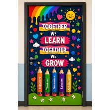 Promisebackdrop2 190X75CM Lastikli Kapı Süsü, Kumaş Kapı Giydirme, Together We Learn Together We Grow, Sınıf Kapısı, Okul Etkinlik Kapı Süsü