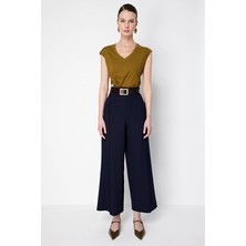 Onfashion Geniş Paça Kemerli Yüksek Bel Dokuma Kadın Pantolon 74127 Lacivert