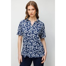 Onfashion Kısa Kollu Dokuma Klasik Yaka Kadın Bluz 71338 Lacivert