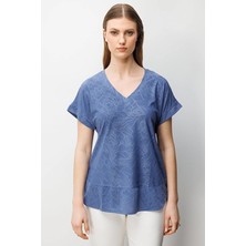 Onfashion V Yaka Kısa Kollu Dokuma Kadın Bluz 71343 Indıgo