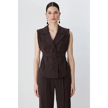 Onfashion Kruvaze Regular Fit Kemerli Vatkalı Dokuma Kadın Yelek 74908 Kahve